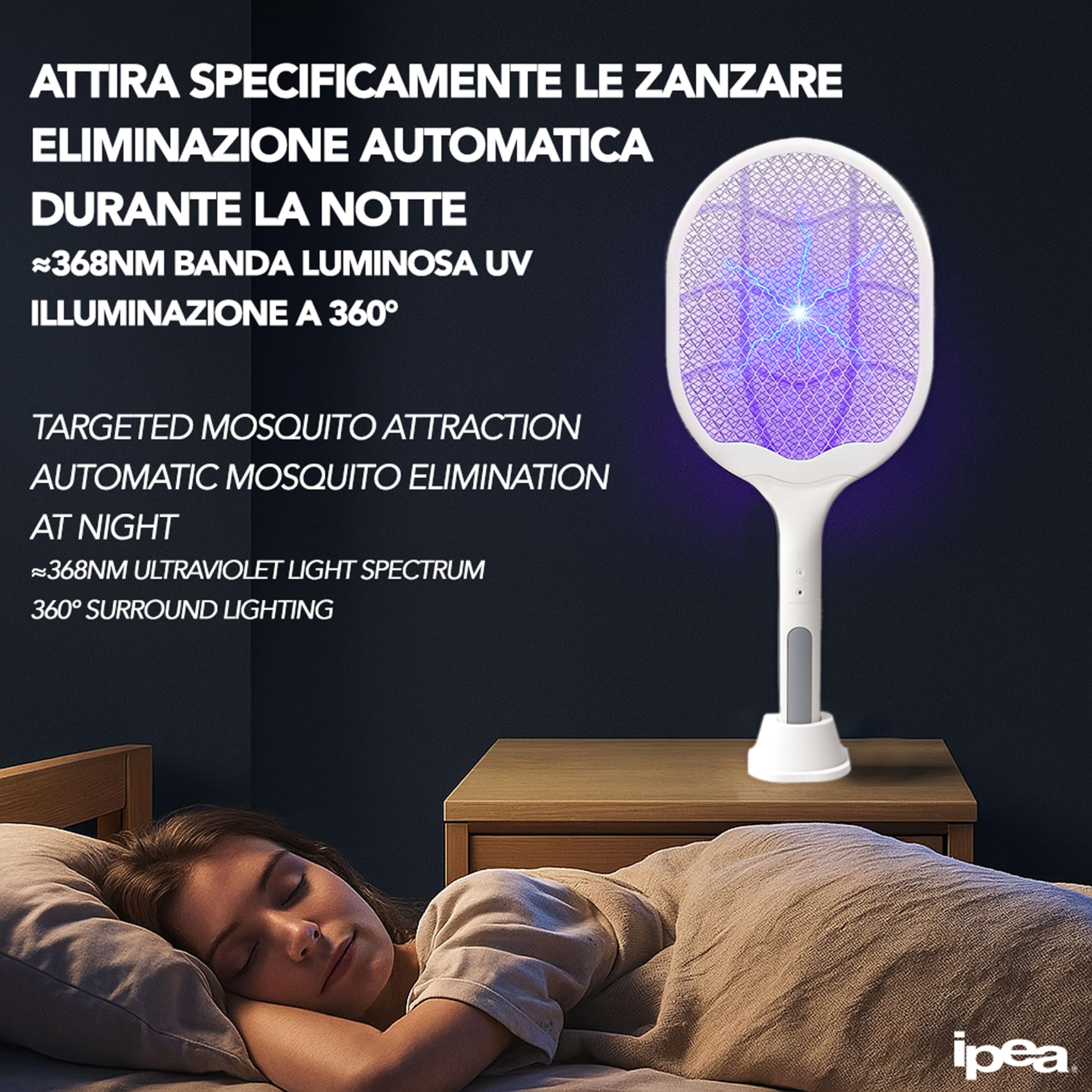IPEA Racchetta Zanzare Elettrica Ricaricabile USB-C 2 in 1 3000V 1200 mAh