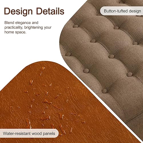 Miniatura 4 de Otomana cuadrada de tela de 24 pulgadas con bandeja de madera, moderno reposapiés con botones, mesa de café, otomana pequeña tapizada para sala de