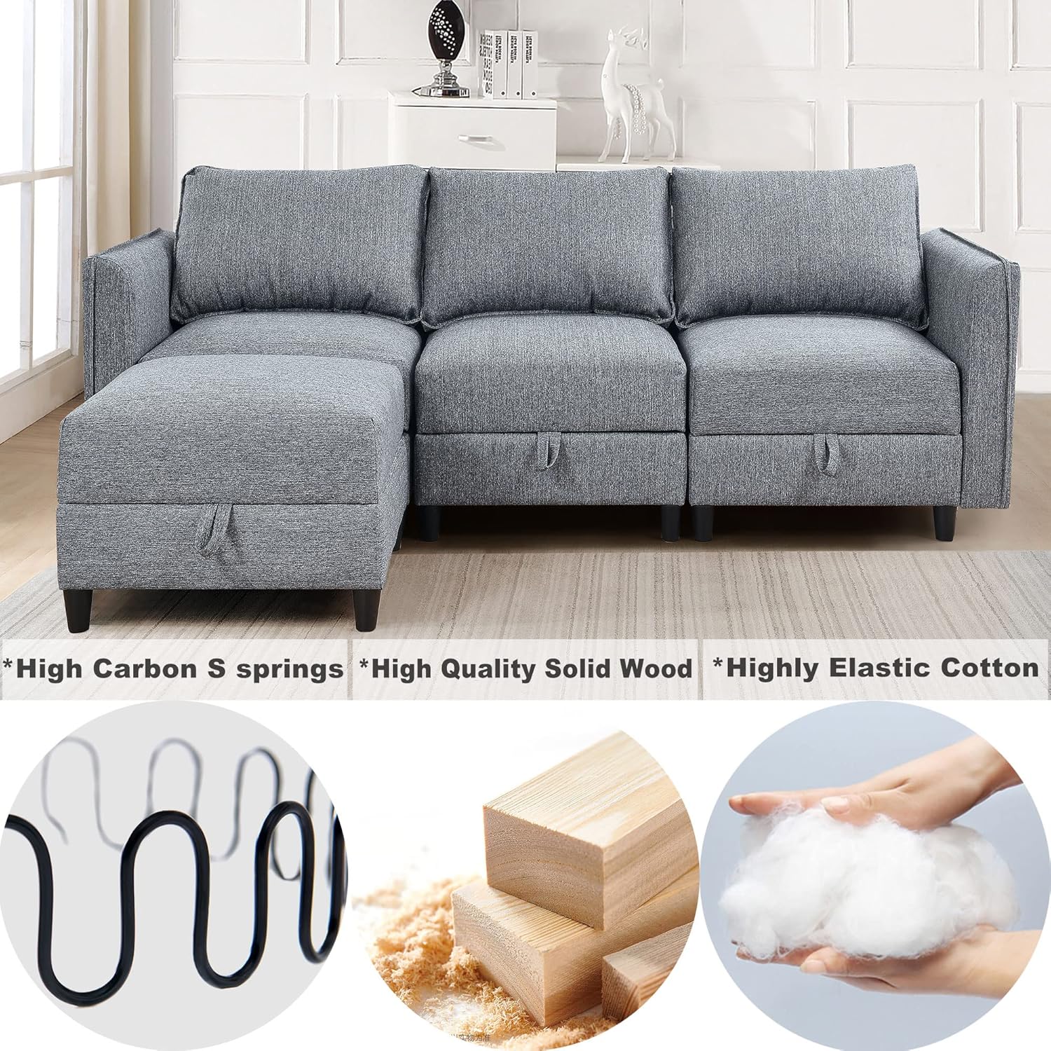 Close-up images of high carbon S springs, high quality solid wood, and highly elastic cotton