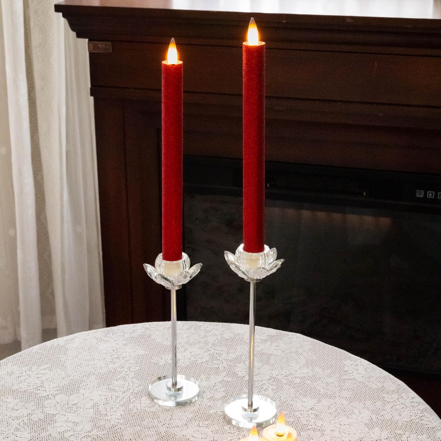 Flameless Candles Bundle - Set of 2 Pillar (3"x5" & 6") and 2 Taper (9") with Remote Timer, 3D Moving Flame in Glitter Red