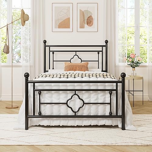 Allewie Twin Size Metal Platform Bed Frame with Victorian Vintage Headboard and Footboard/Mattress Foundation/Under Bed Storage/No Box Spring Needed/Noise-Free/Easy Assembly, Black