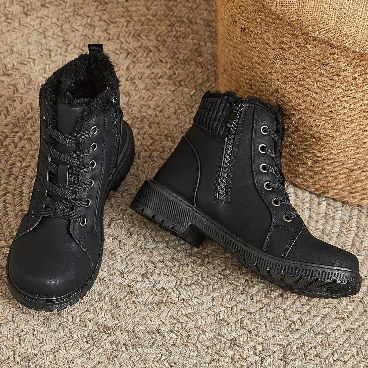 Uoidru Combat Boots For Women Ankle Booties Black Winter Snow Boots White Lace Up Boots Comfort Fuzzy Boot Side Zipper Short Boots - Image 3