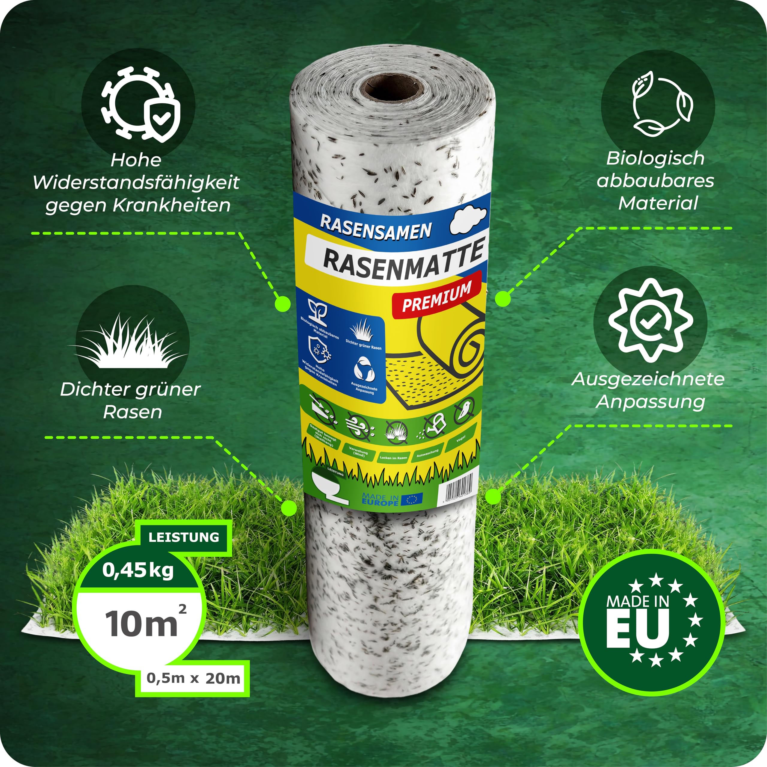 Matte mit integrierten Rasensamen - Gras auf der Rolle für eine einfache Aussaat - biologisch abbaubare Rasenvlies-Grassamen schnellkeimend- Rasenrolle (10m²) - Rasenmatte