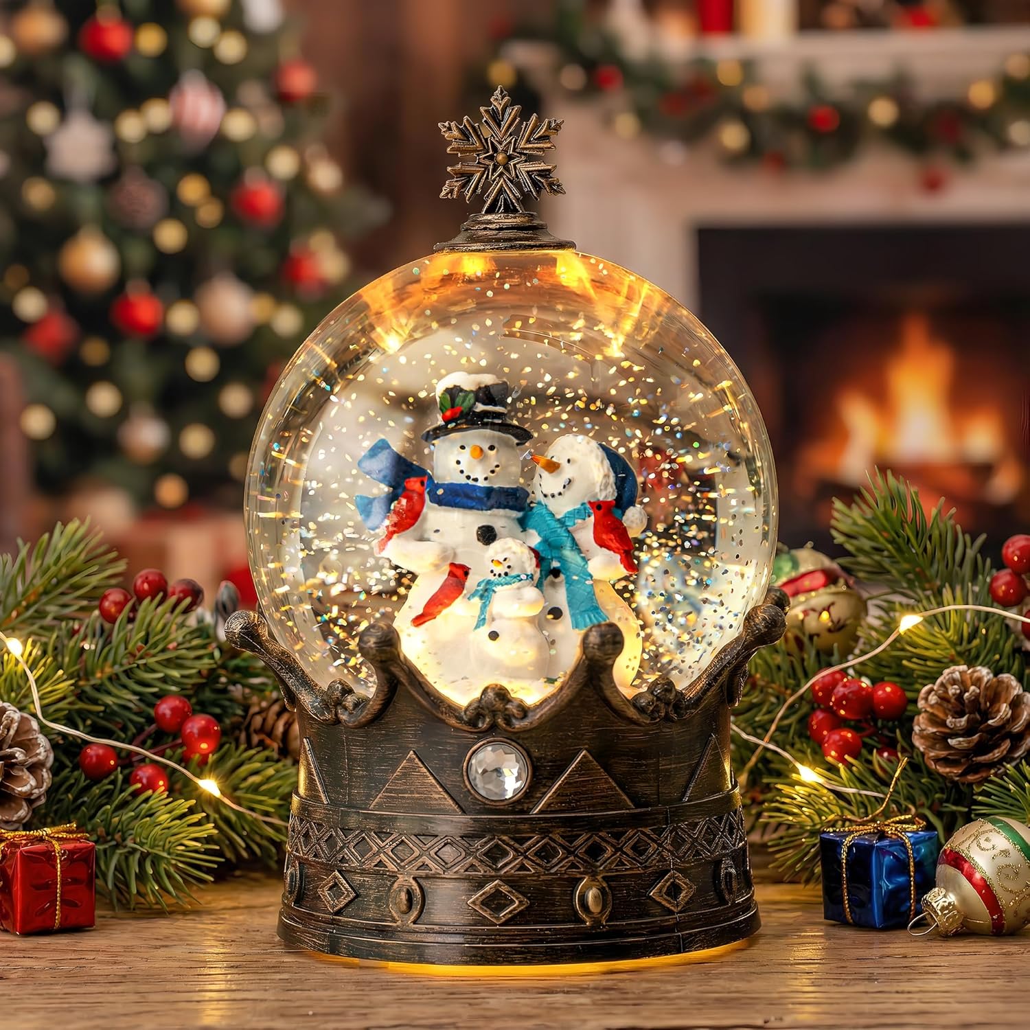Snow Globe Lighted Christmas Decorations, Snowman Family Musical Crown Snow Globe Lantern with Swirling Glitter, Christmas Holiday Party Gifts and Decorations - Image 6