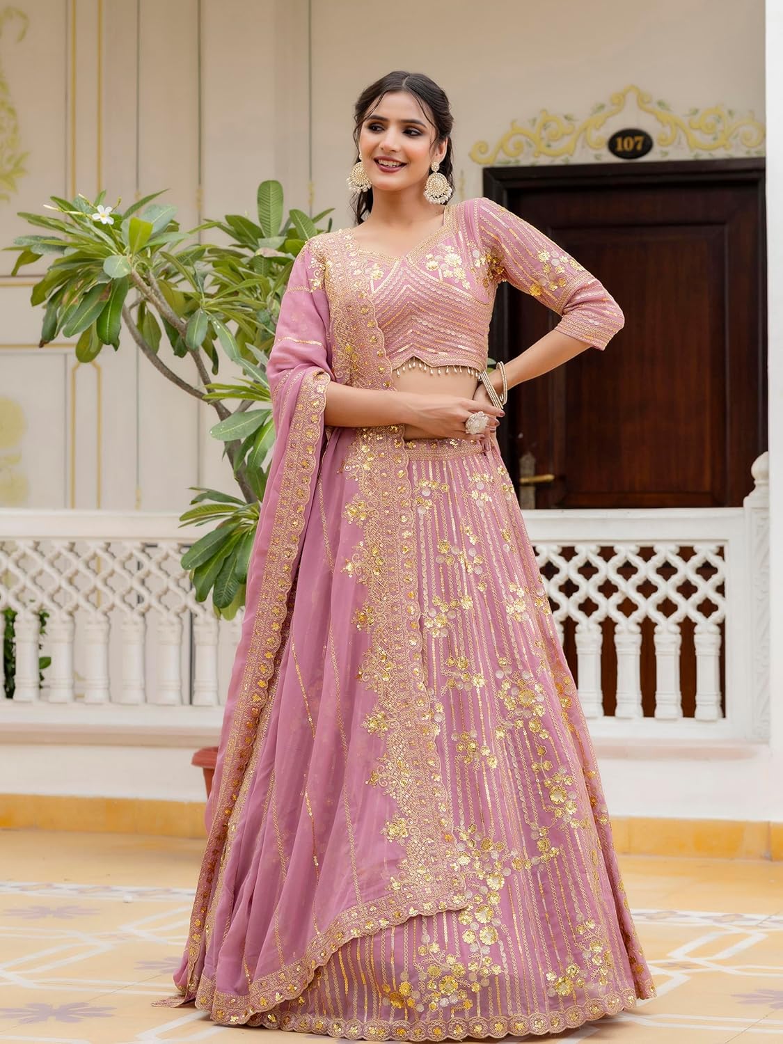 TRENDMALLS Women's Georgette Sequin Embroidery Lehenga Choli Dupatta Set Ready To Wear
