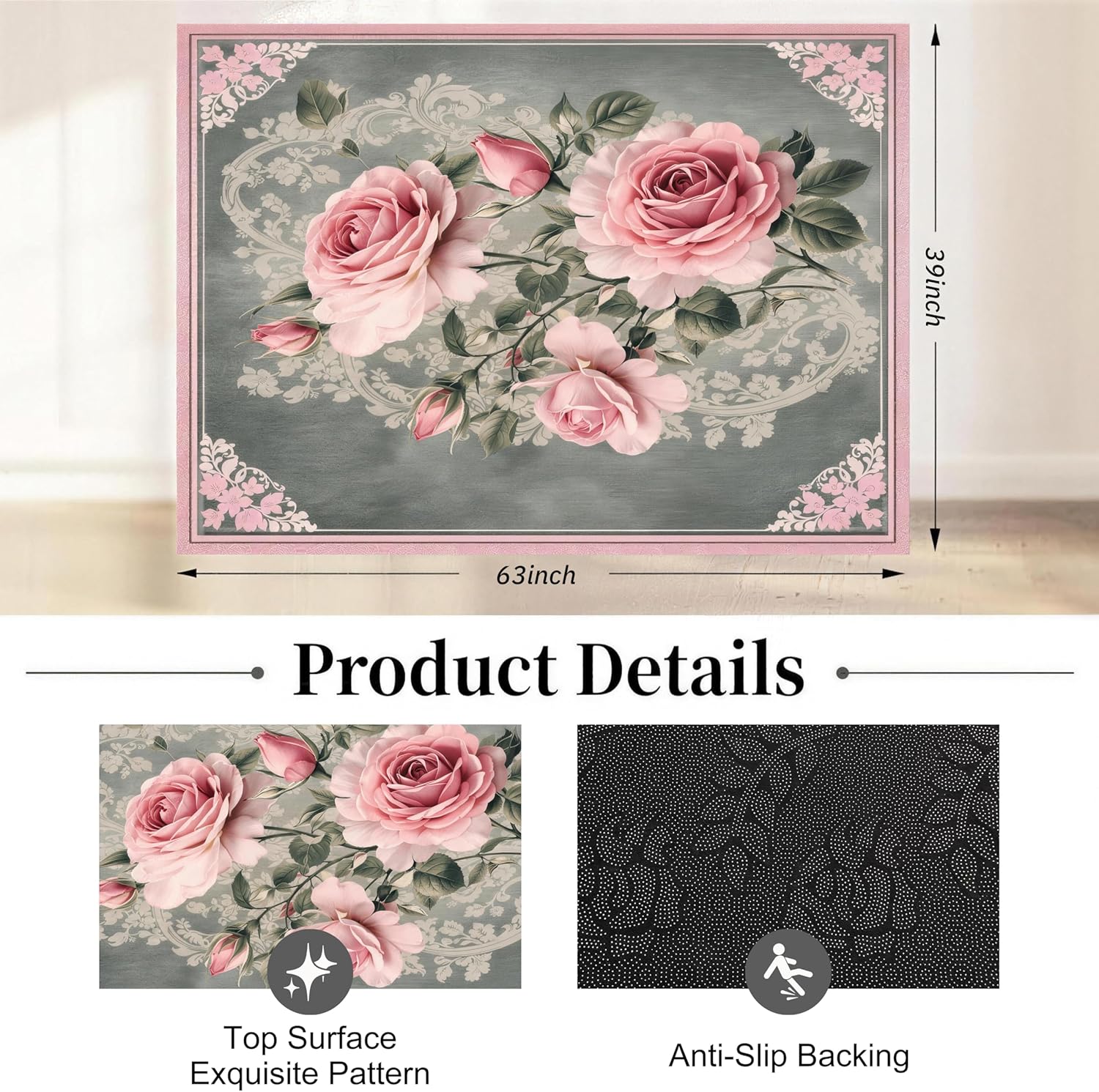 PAIPY Office Chair Mat for Hardwood Floor, Abstract Desk Mats,Under Desk Rug Protector for Rolling Chair, Computer Gaming Chair Mats, Low Pile Carpet Floor Mat (Pink Rose, 39"x63")