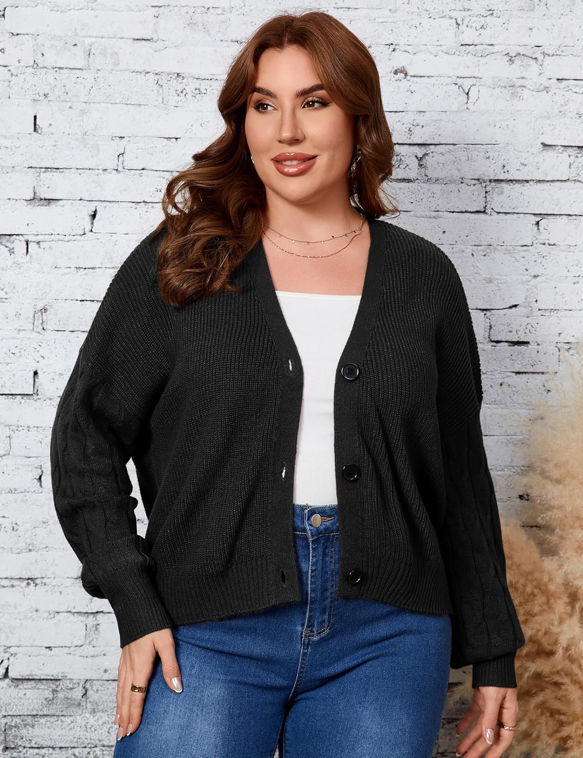 Women's Plus Size Short Cardigans Fall Oversized Button up Sweater Long Sleeve Cropped Open Front Cardigan - Image 5