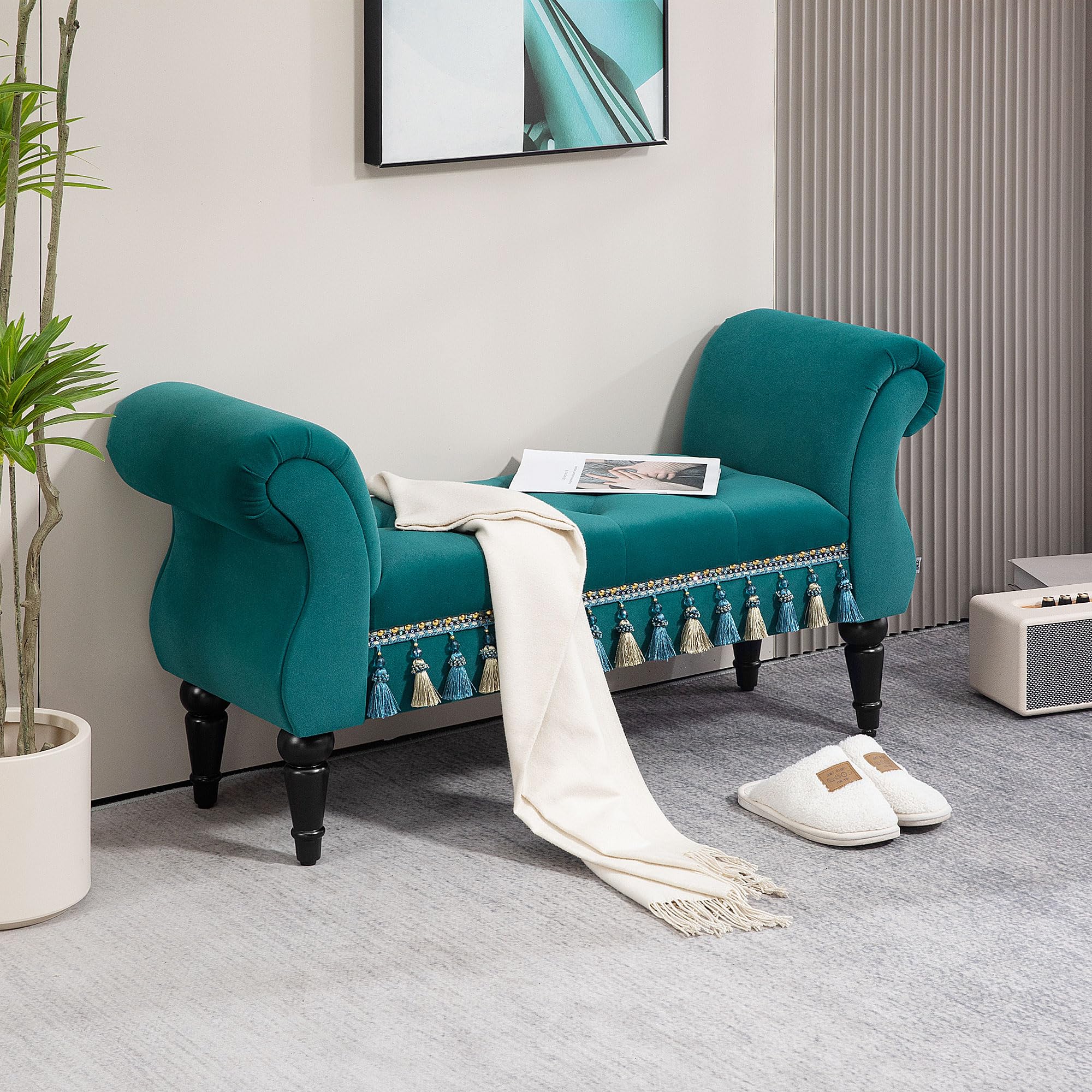 HOMCOM Banc Banc rembourré, aspect velours, banc de luxe avec pieds en bois, banc d'entrée pour chambre à coucher, charge maximale 150 kg, vert, 117 x 40 x 58 cm