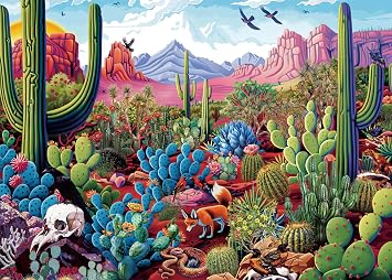 Cactus Landscape Puzzles for Adults 1000 Pieces Nature, Beautiful Plant Desert Oasis Art Jigsaw Puzzles, Bird Flower Animal Painting Puzzle As Home Decor