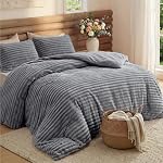 Bedsure Fluffy Comforter Set Queen - Super Soft Faux Fur Comforter Queen Size Grey, Winter Warm Fleece Bedding Set, Plush Fuzzy Bed Set, 3 Pieces, 1 Shaggy Comforter with 2 Pillowcases