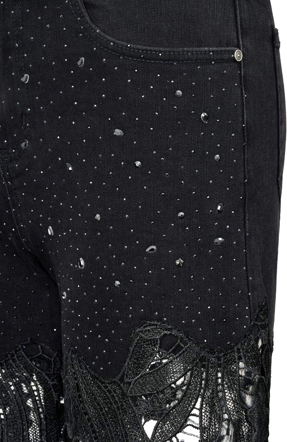 JW PEI Women's Embroidery High Rise Wide Leg Lace Denim Jeans with Rhinestone - Image 4