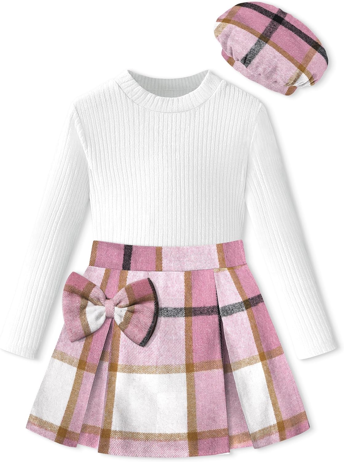 DONWEN Girl Skirt Sets 3 Piece Outfits Crew Neck Ribbed Tops Plaid Mini Skirt Shorts with Bowtie + Beret Fall Winter Clothes