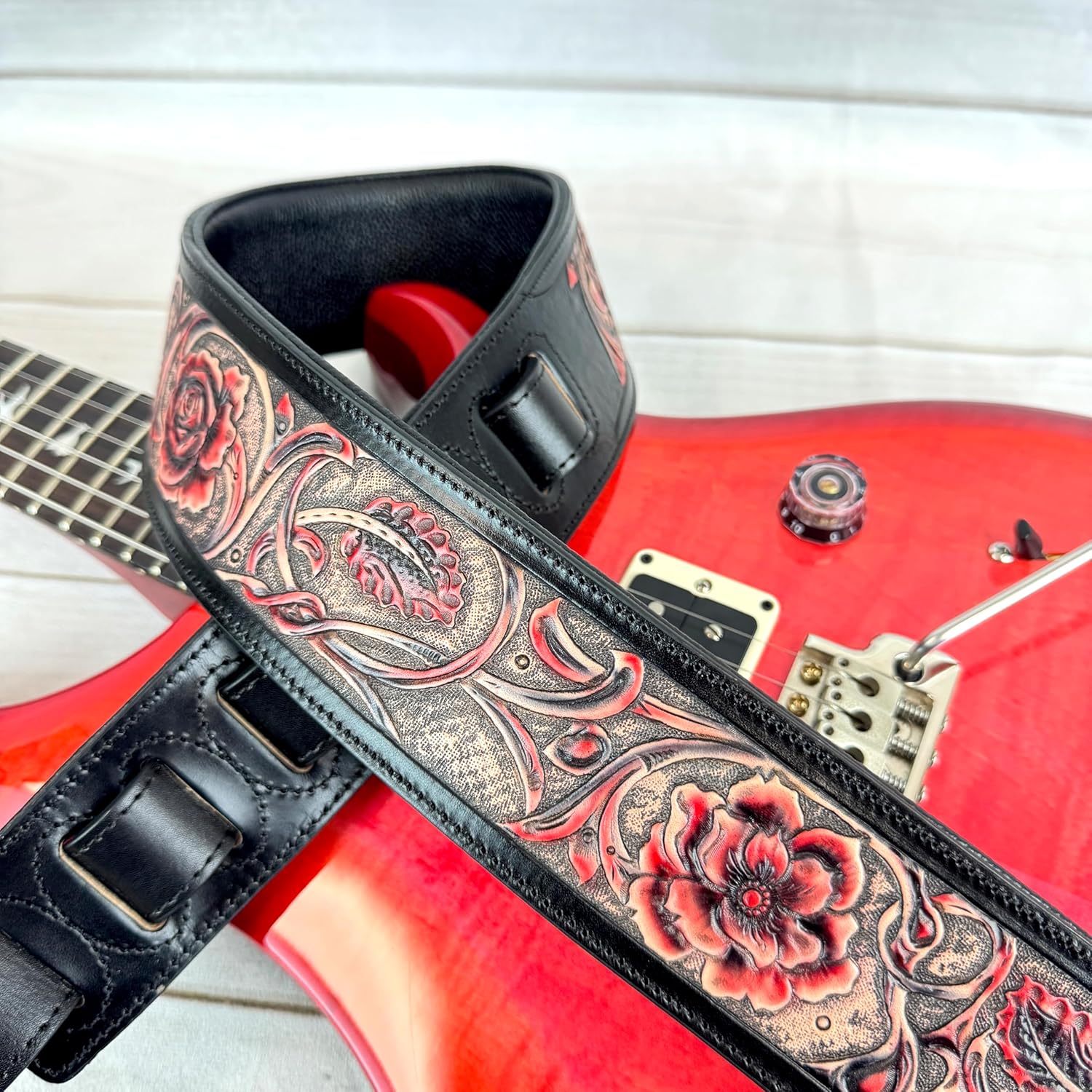 Walker And Williams LHR-17-BLK Artist Series Handmade Black Premium Carved Leather Guitar Strap With Ruby Red Western Sheridan Carving For Acoustic, Electric, And Bass Guitars