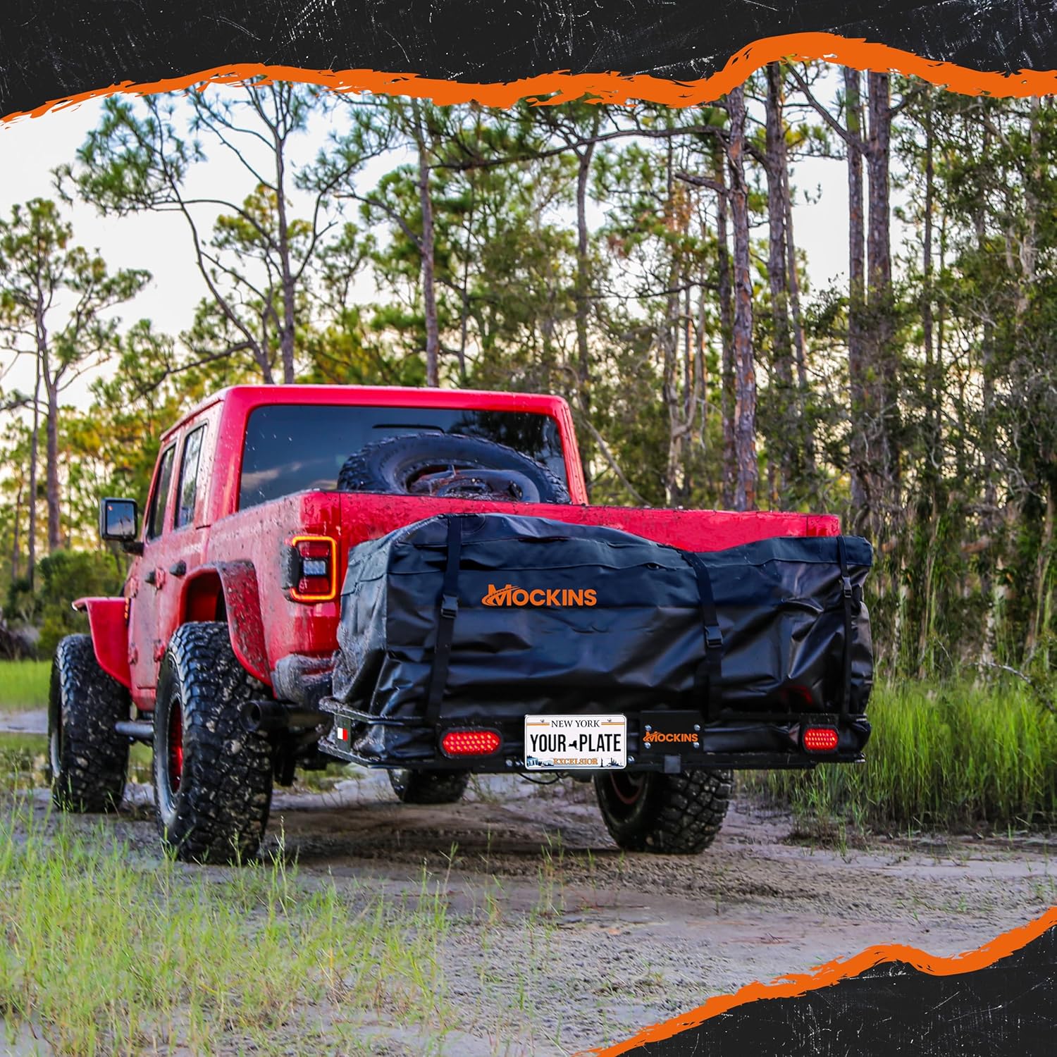 Mockins 60"x20"x6" Heavy Duty Trailer Hitch Cargo Carrier w/ 20 CuFt Waterproof Cargo Bag | 500 Lbs Cap All-Weather Folding Luggage Rack for SUV Car & Truck w/Rear Lights, License Plate Holder & More