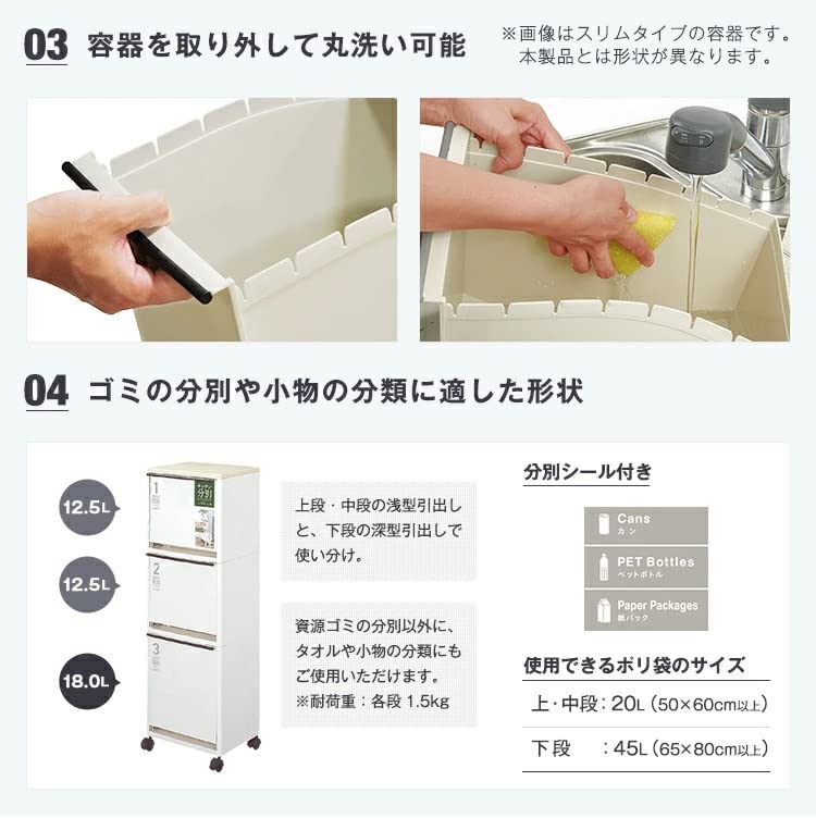 Amazon｜アスベル フタ付きゴミ箱 ワゴンワイド3段 省スペース 43L 
