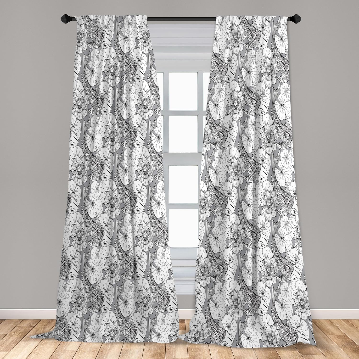 Ambesonne East Window Curtains, Sketch Style Lotus and Carp Koi Fish Japanese of Friendship Monochrome, Lightweight Decor 2-Panel Set with Rod Pocket, Pair of - 28" x 95", Charcoal White