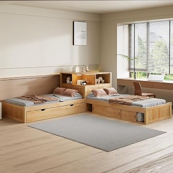 KLMM Modern Twin Size L-Shaped Platform Bed with Storage Cabinets,Desk,Trundle and LED Light,for Living Room Bedroom Use Natural-Desk, Twin