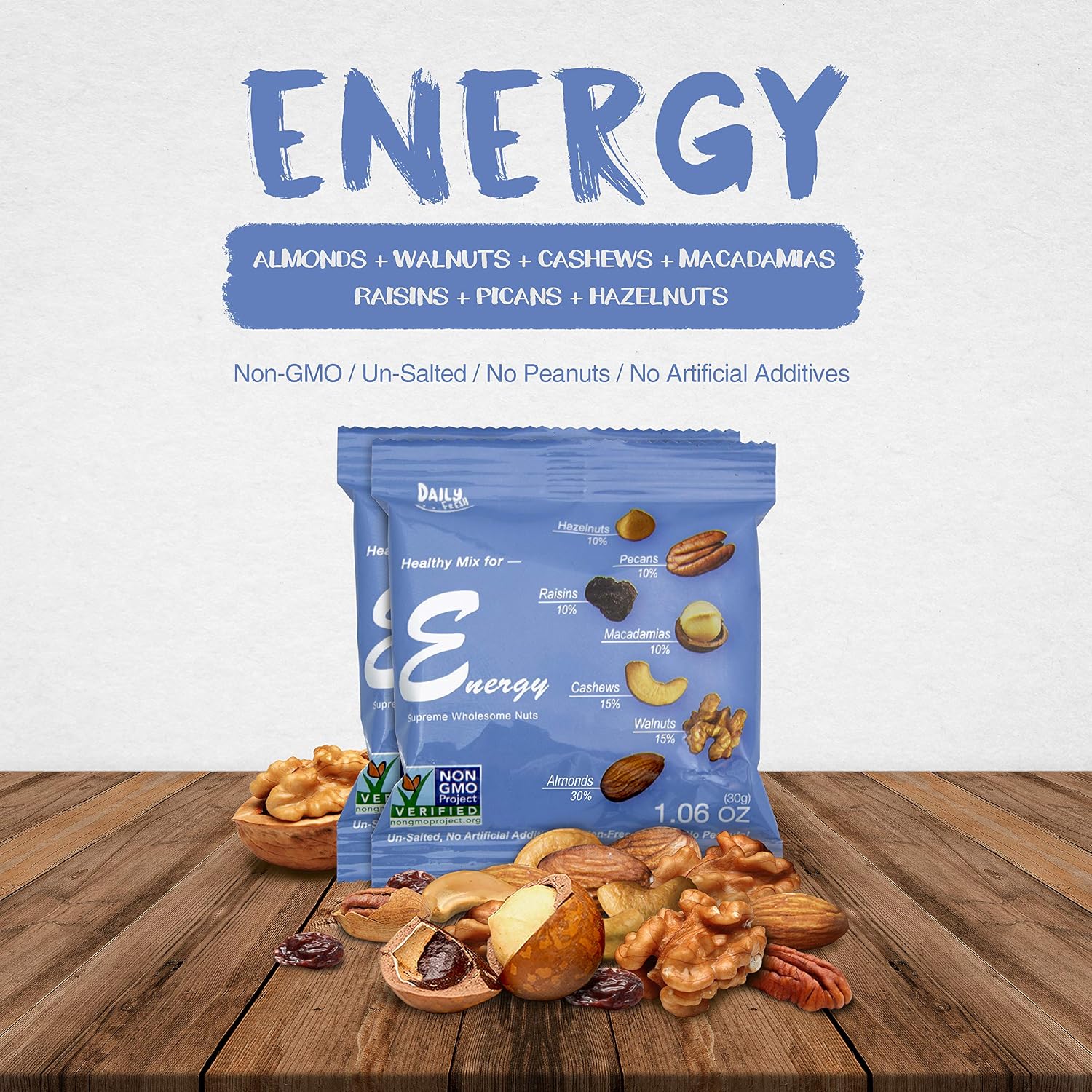 Daily Gourmet Nuts - Unsalted Mixed Nuts Snack Packs/Individually Wrapped Snacks/Nut Snacks/No Peanuts/Healthy Trail Mix Individual Packs/Deluxe Assorted Snacks (C. Energy, 50 Packs)