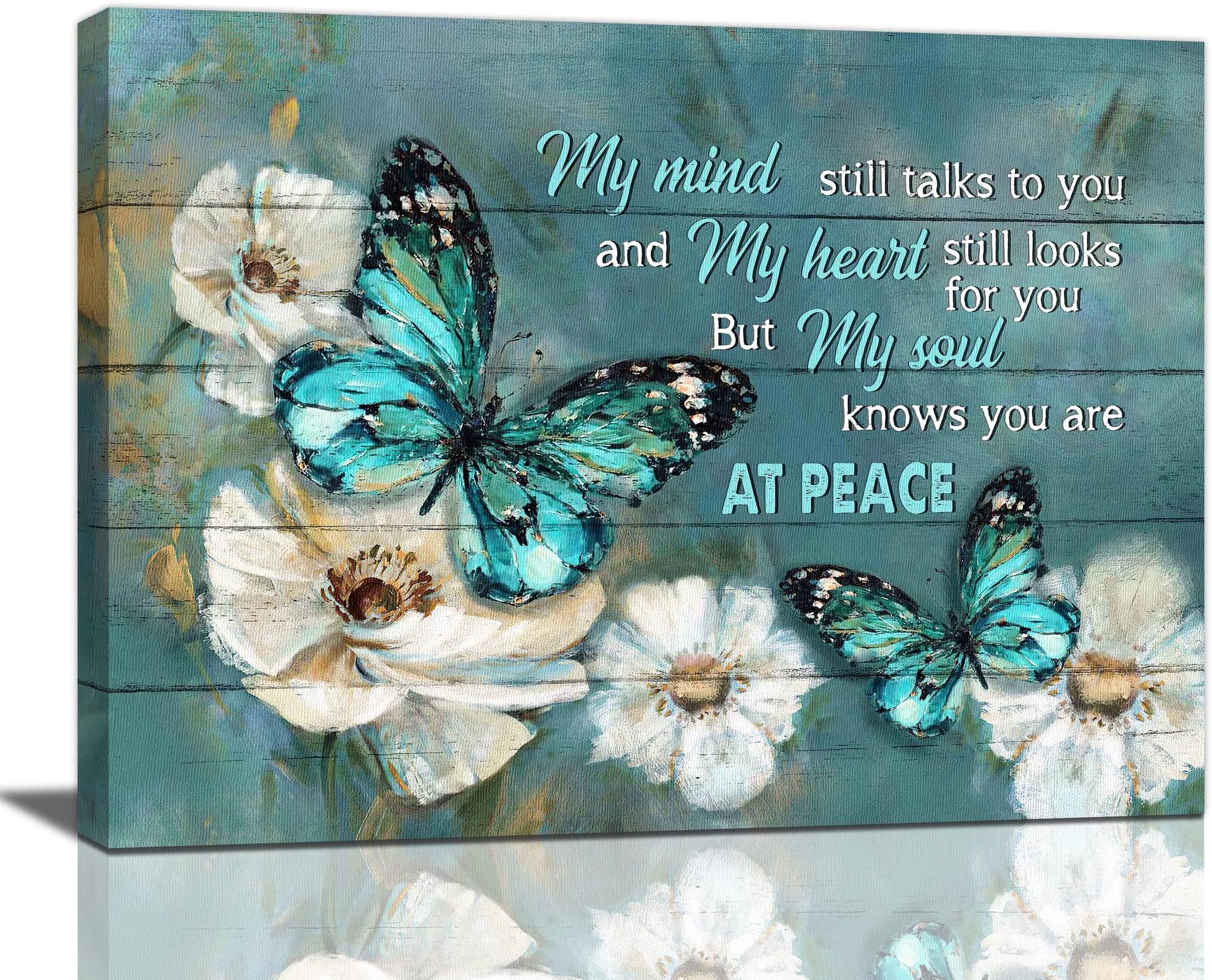 Teal Wall Art Butterfly Floral Pictures Farmhouse Rustic Flowers Artwork Butterfly Motivational Poster Modern Home Framed Wall Decor for Bedroom Living Room 16"x12"