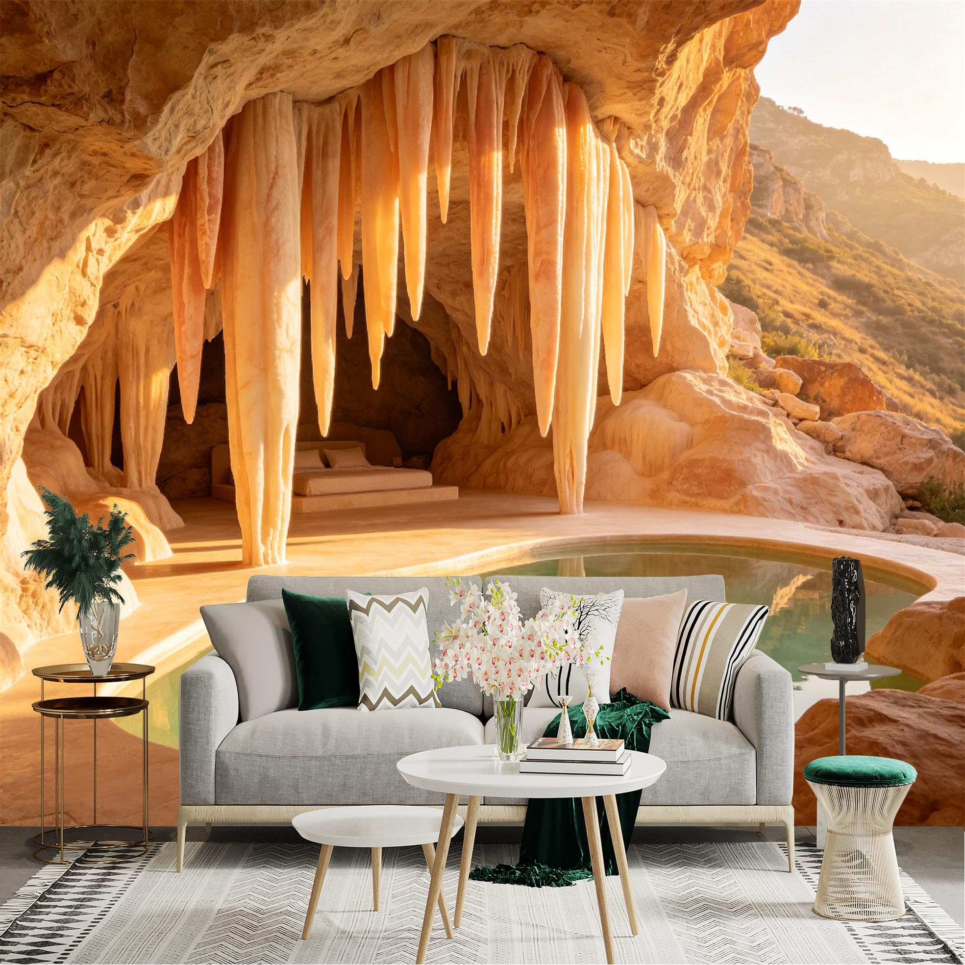 Lnzczhyre Dbh260521737 Custom Size Wall Sticker Mural， Natural Limestone Cave， Underground Grotto Pool， Warm Sunlight Interior， Scenic Geological Formation， For Wall Decoration， Peelandstick Wall Decals.