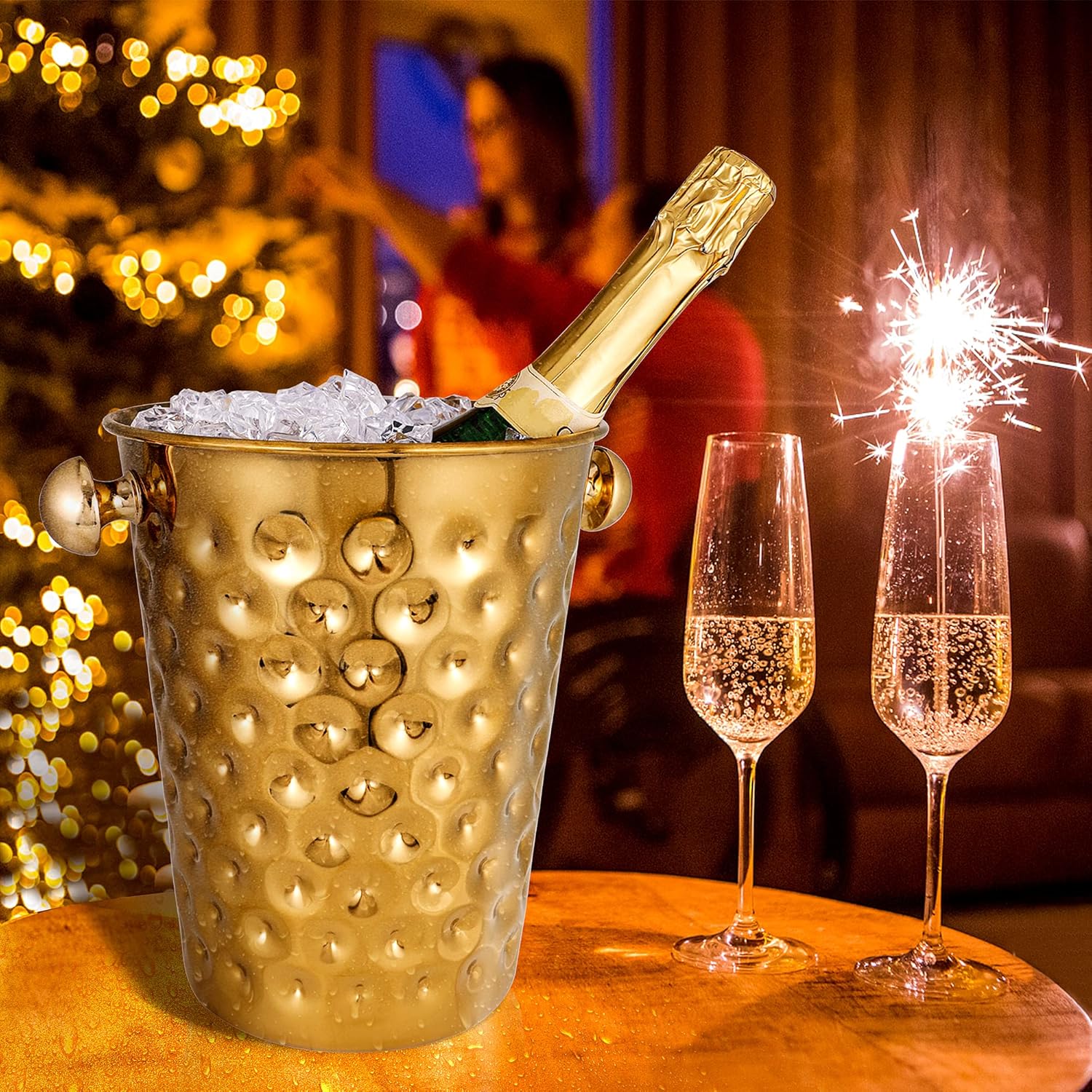 BARsics 5-Quart Metal Golden Champagne Bucket, Hammered Mirror Finish Stainless Steel Ice Bucket for Party, Wedding, Banquet (Gold)