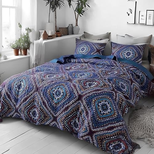 Miniatura 7 de DaDa Bedding - Juego de colcha étnica, tribal, azul marino oscuro, bohemio, patrón geométrico, patrón de diamantes, acolchado, tamaño California