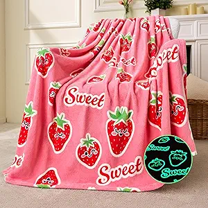 Joiedomi Glow in The Dark Blanket Strawberry Gift for Girls Age 2 3 4 5 6 7 8 9 10 11 12 Year Old Girl Gifts, Soft Cozy Flannel Kids Throw Blanket, Birthday Bedroom Decor 50"×60"