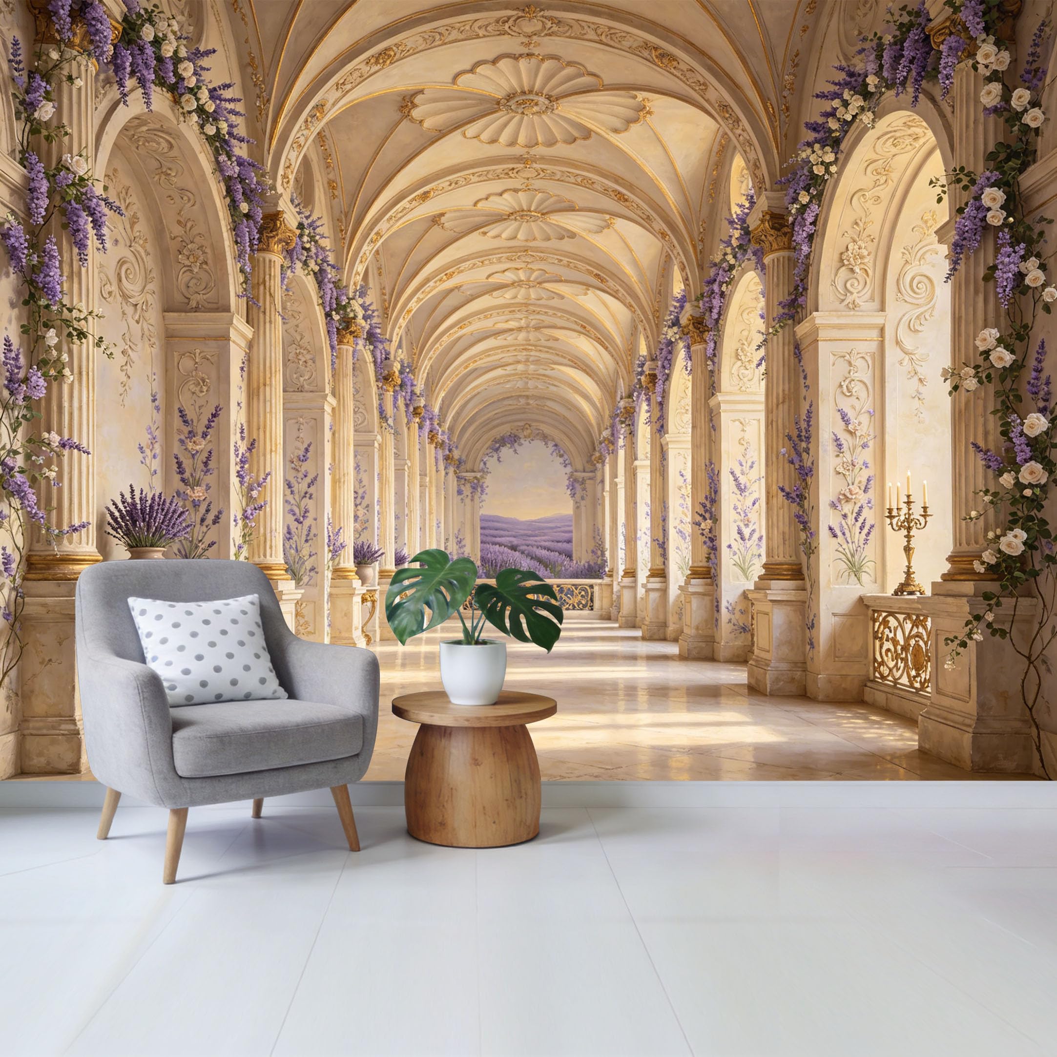 Removable Self Adhesive Fabric Mural， Neoclassical Palace Hallway with Lavender Flowers Custom Size Wall Covering， UV Protected Waterproof Washable Wall Decor for Living Room Bedroom