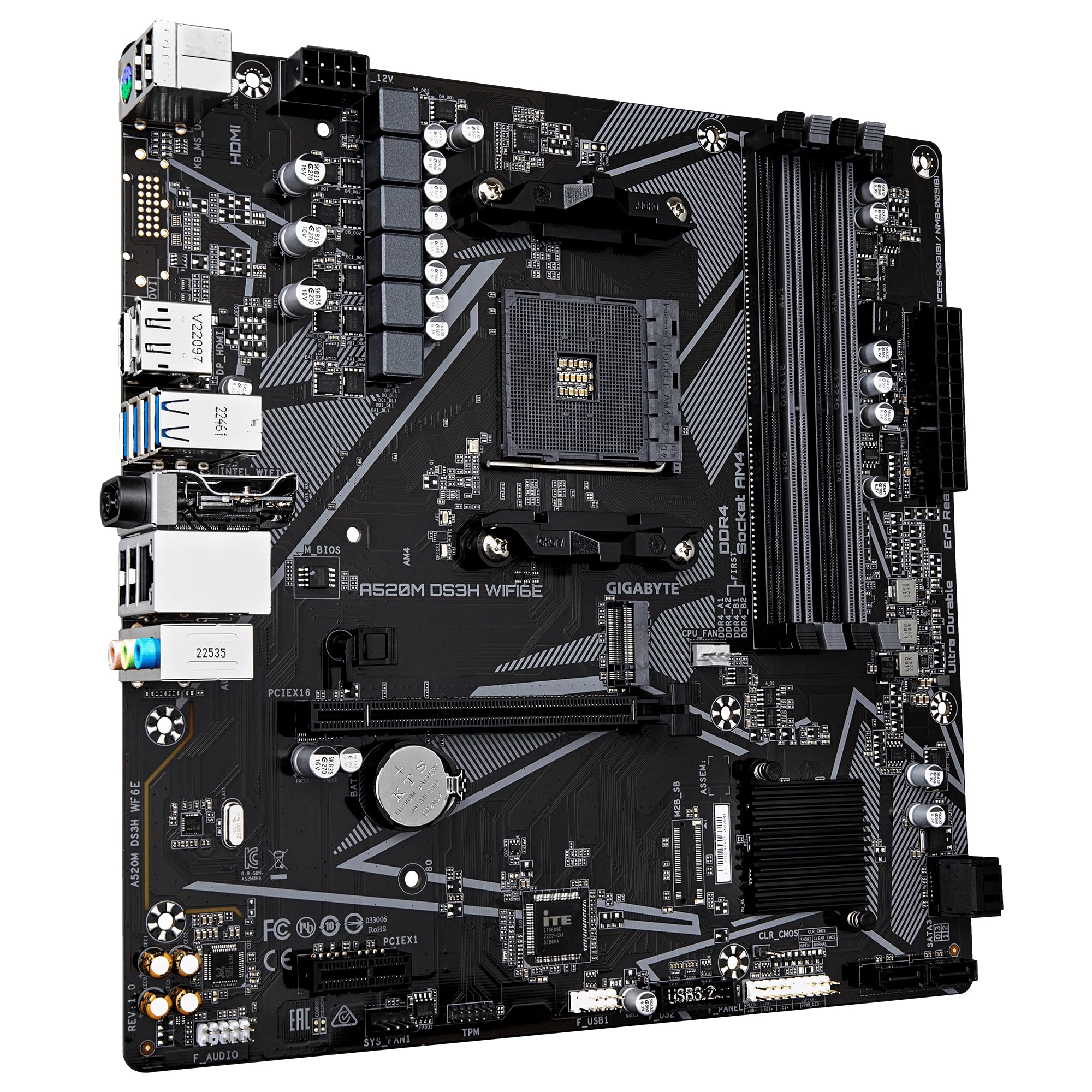 GIGABYTE A520M DS3H WIFI6E Placa Base – Compatible con CPUs AMD Ryzen 5000 Series AM4, hasta 4733 MHz DDR4 (OC), 1x PCIe 3.0 M.2, Wi-Fi 6E, LAN GbE, USB 3.2 Gen 1