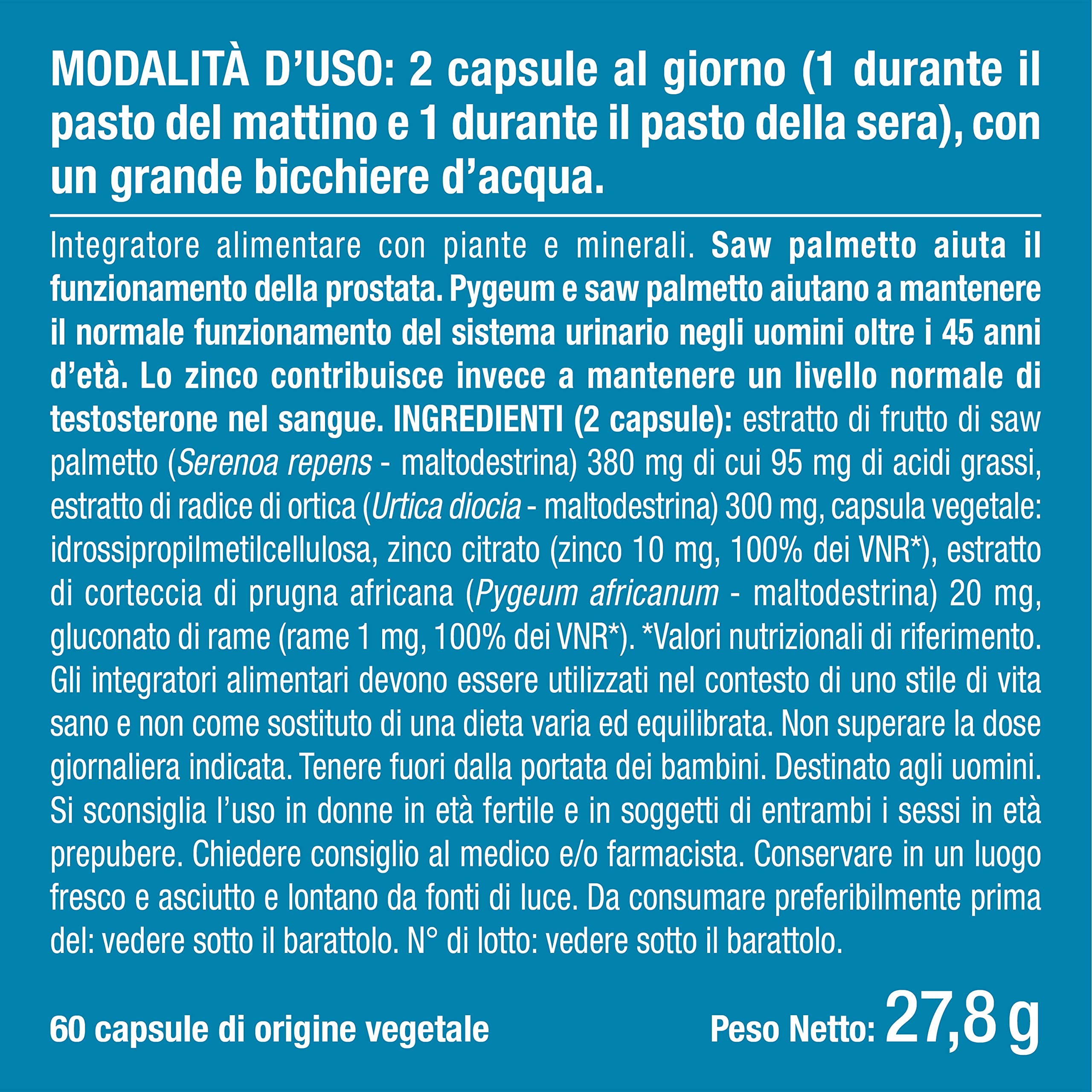 Prostasur | Integratore con Serenoa Repens 380 mg (Saw Palmetto), Urtica Diocia, Pygeum Africanum e Zinco | Salute della Prostata e delle Vie Urinarie | 60 Capsule | 1 Mese di Trattamento