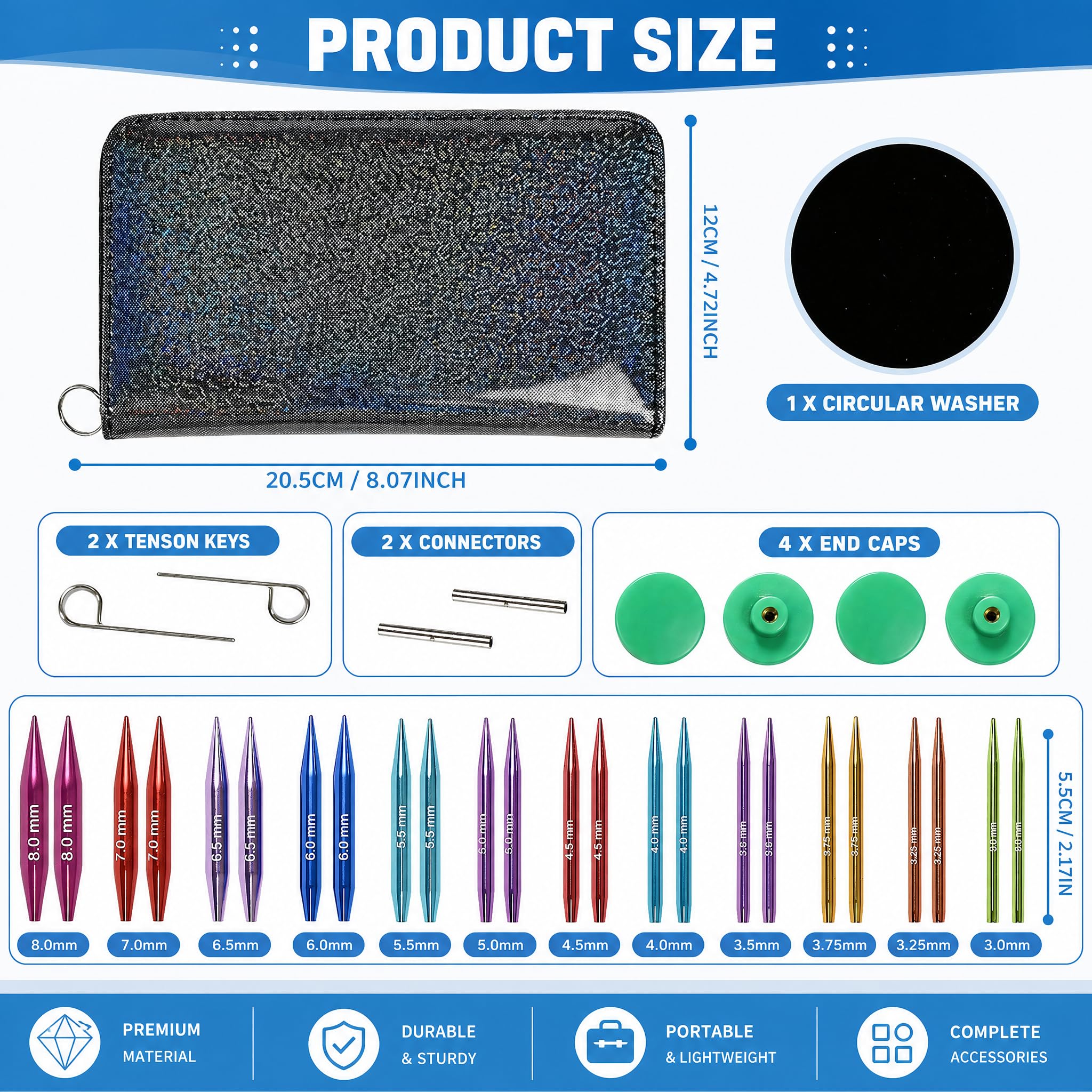 EAAGHK Austauschbares Rundstricknadel-Set mit 12 Paar Kurze Rundstricknadeln Set Austauschbar(5,5 cm) in den Stärken 3-8 mm Austauschbar Stricknadeln Set mit 4 Kordeln 15–55 cm lang, Tasche, Zubehör