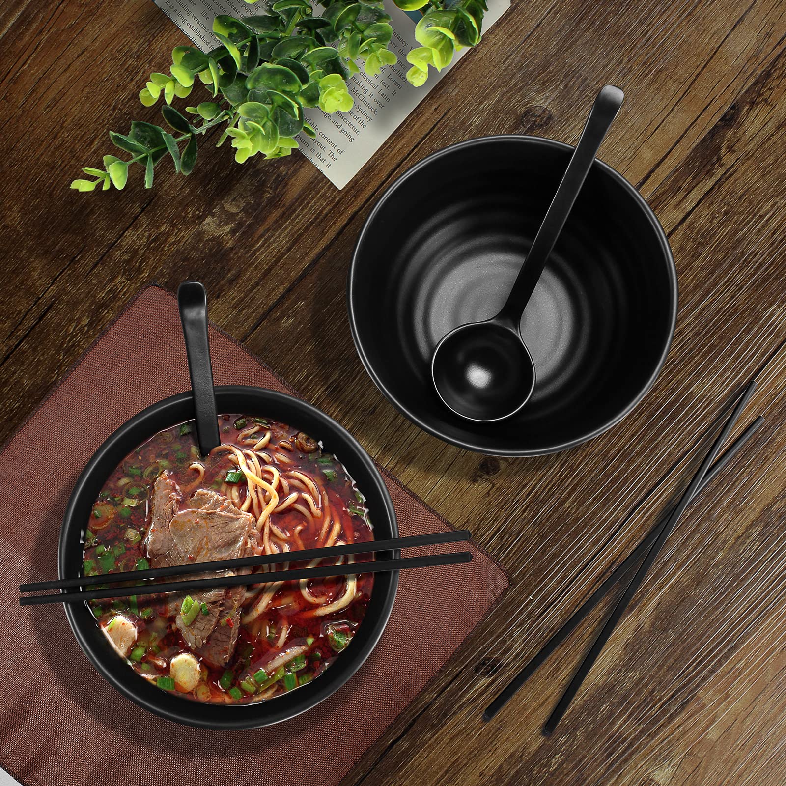2 juegos (6 piezas), cuencos de sopa, juego de cuencos japoneses, viene con palillos y cucharas, cuencos para sopa, apto para lavavajillas, cuenco multifuncional para cereales para pasta, color negro