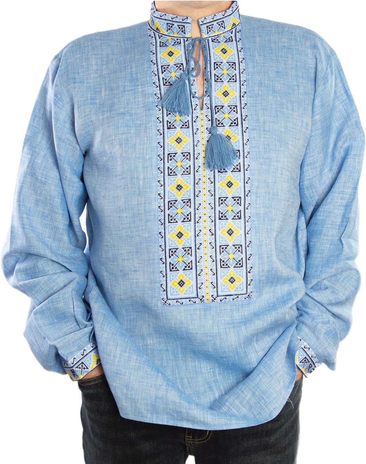 Vyshyvanka Men Shirt Ukraine Blue Hand Made Embroidery