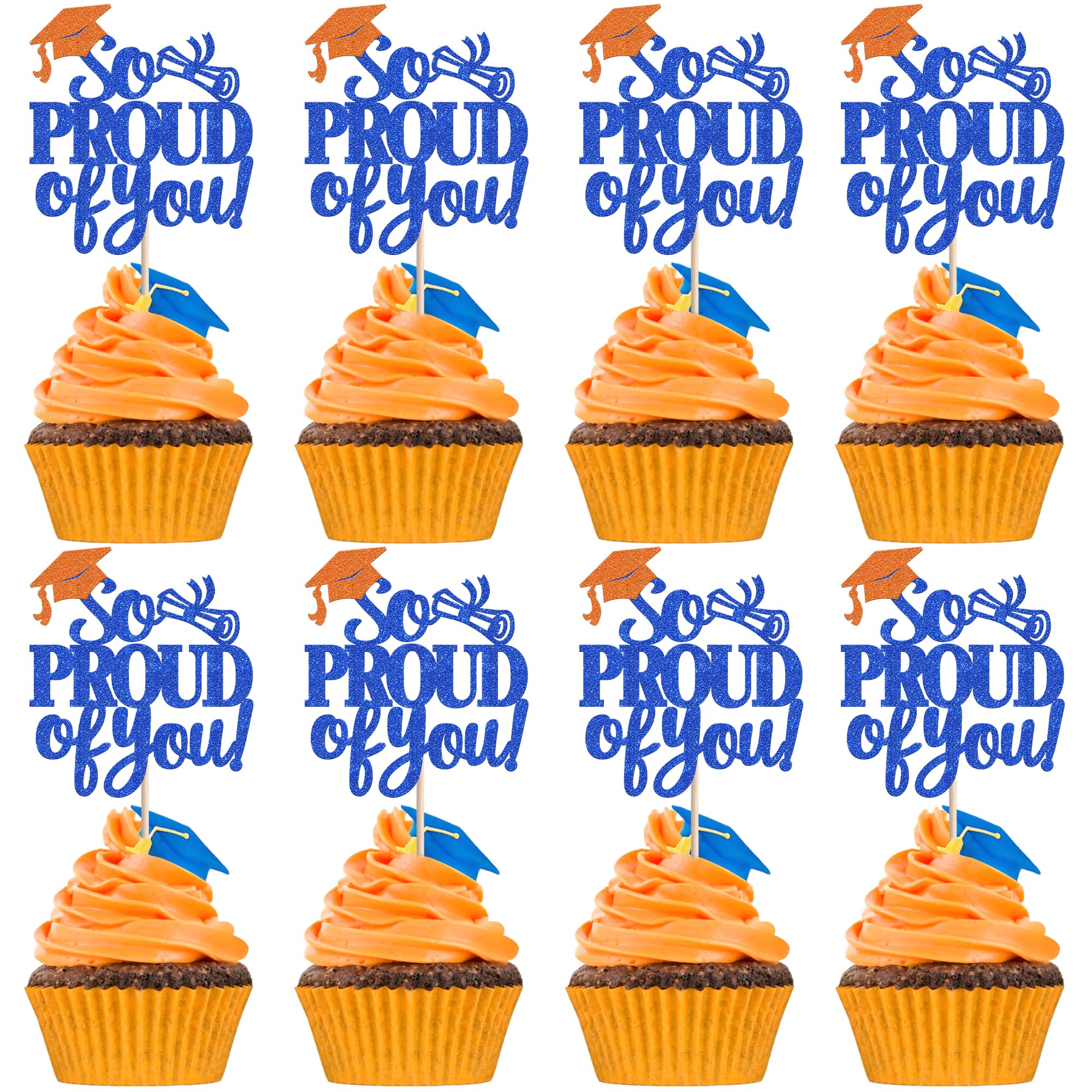 SYKYCTCY 24 Pack So Proud of You Cupcake Toppers Glitter 2026 Graduation Cupcake Picks Congrats Grad Cap Class of 2026 Cake Decorations for 2026 Graduation Theme Party Supplies Orange Blue — image 1