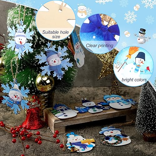 Miniatura 3 de Amyhill 30 adornos de muñeco de nieve azul de Navidad, adornos de madera para árbol de Navidad, mini muñeco de nieve y copo de nieve, árbol de