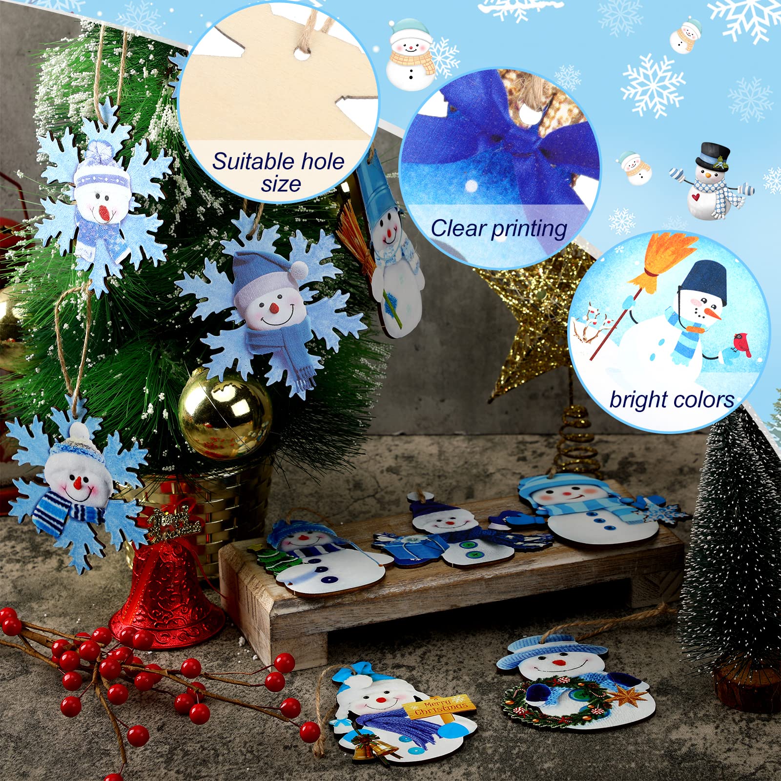 Amyhill 30 adornos de muñeco de nieve azul de Navidad, adornos de madera para árbol de Navidad, mini muñeco de nieve y copo de nieve, colgante colgante para invierno, Año Nuevo, casa, festival
