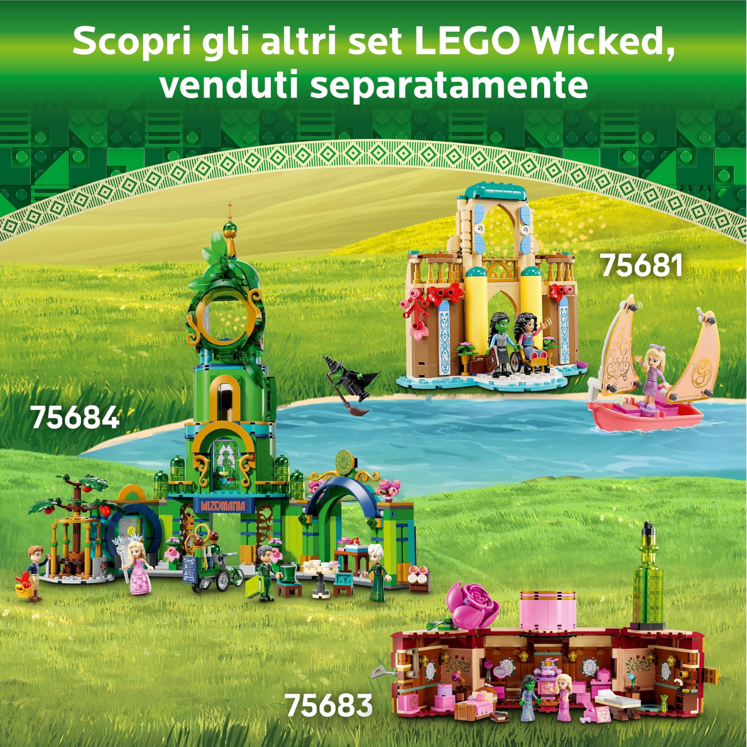 LEGO Wicked Personaggi di Elphaba e Glinda - Giocattolo da Esposizione con Accessori Inclusi Scopa, Corona e Borsetta oltre a Scena con Finestra - Regalo per Bambine da 10 Anni Fan del Film - 75682