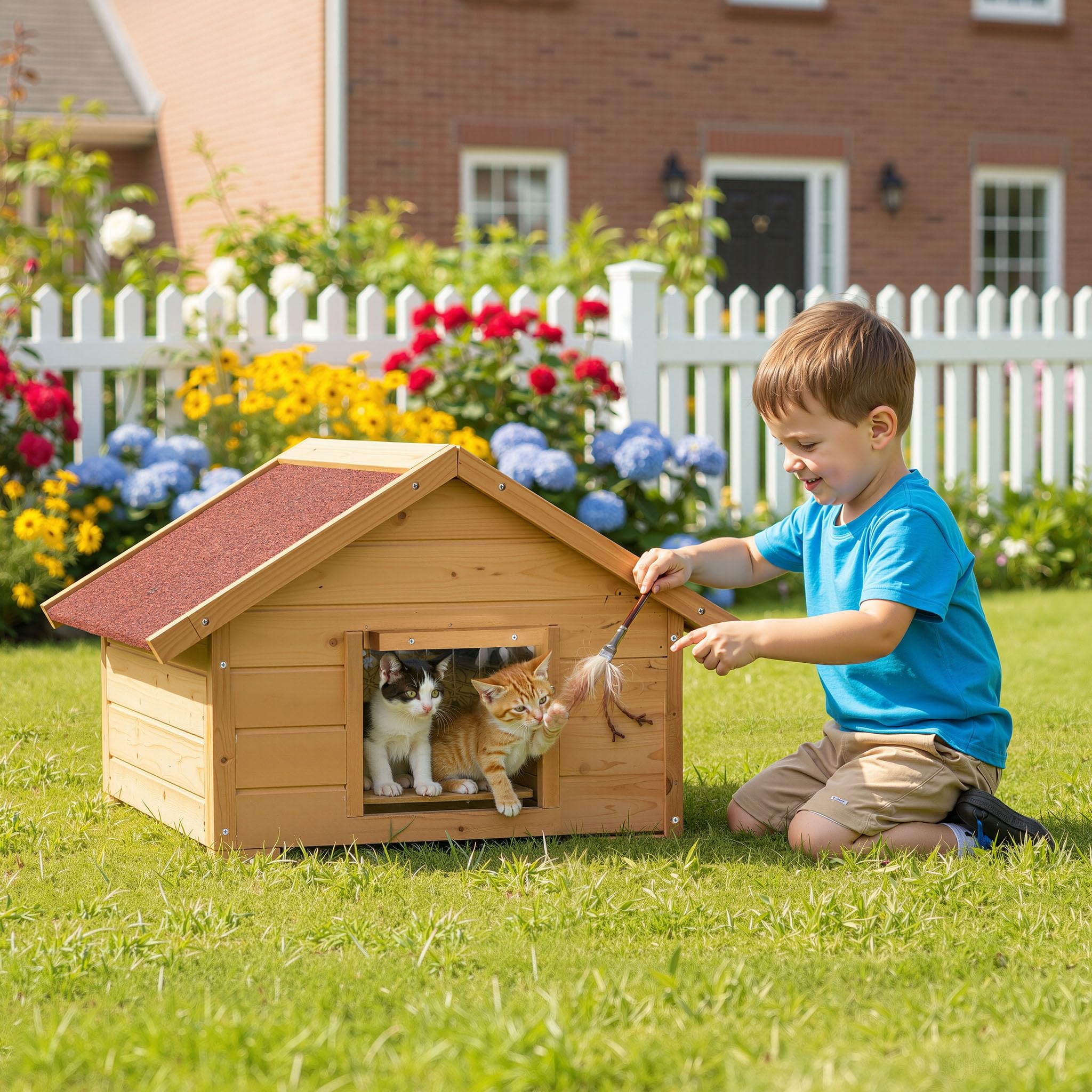 Wiltec Kleines Katzenhaus 68 x 53 x 47 cm aus Holz, Katzenhütte für Garten oder Terasse, Wurfkiste isoliert wetterfest, Katzenhöhle