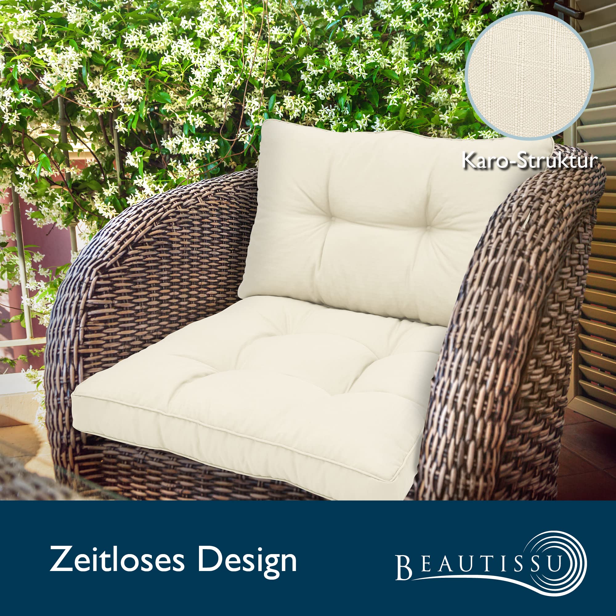 Beautissu Set Cojines Sofa Exterior Jardin Asiento 50x50 cm y Respaldo 50x40 cm Natural – Cómodo Cojin Exterior para Silla Lounge y Acolchado Ratán, Muebles Jardín Sillones – xLuna