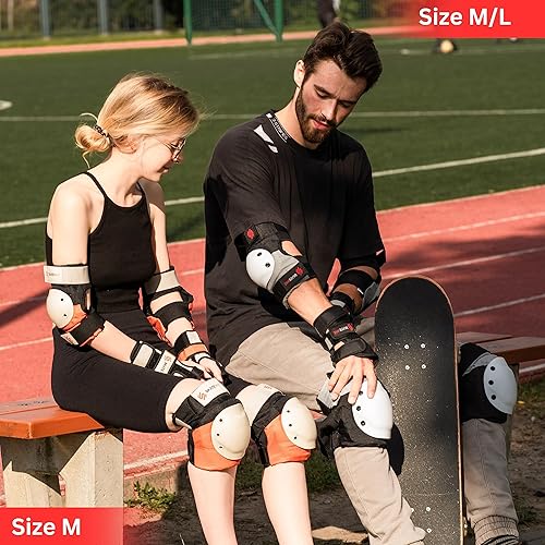 Miniatura 5 de SKATEWIZ Almohadillas de patineta para adultos 6 piezas Coderas de escudo rodilleras y muñequeras equipo de protección en gris y blanco para mujeres