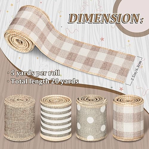 Miniatura 2 de Whaline Cinta rústica con borde de alambre, 4 rollos de cinta de rayas de búfalo de lunares blancos, cintas rústicas para manualidades de primavera
