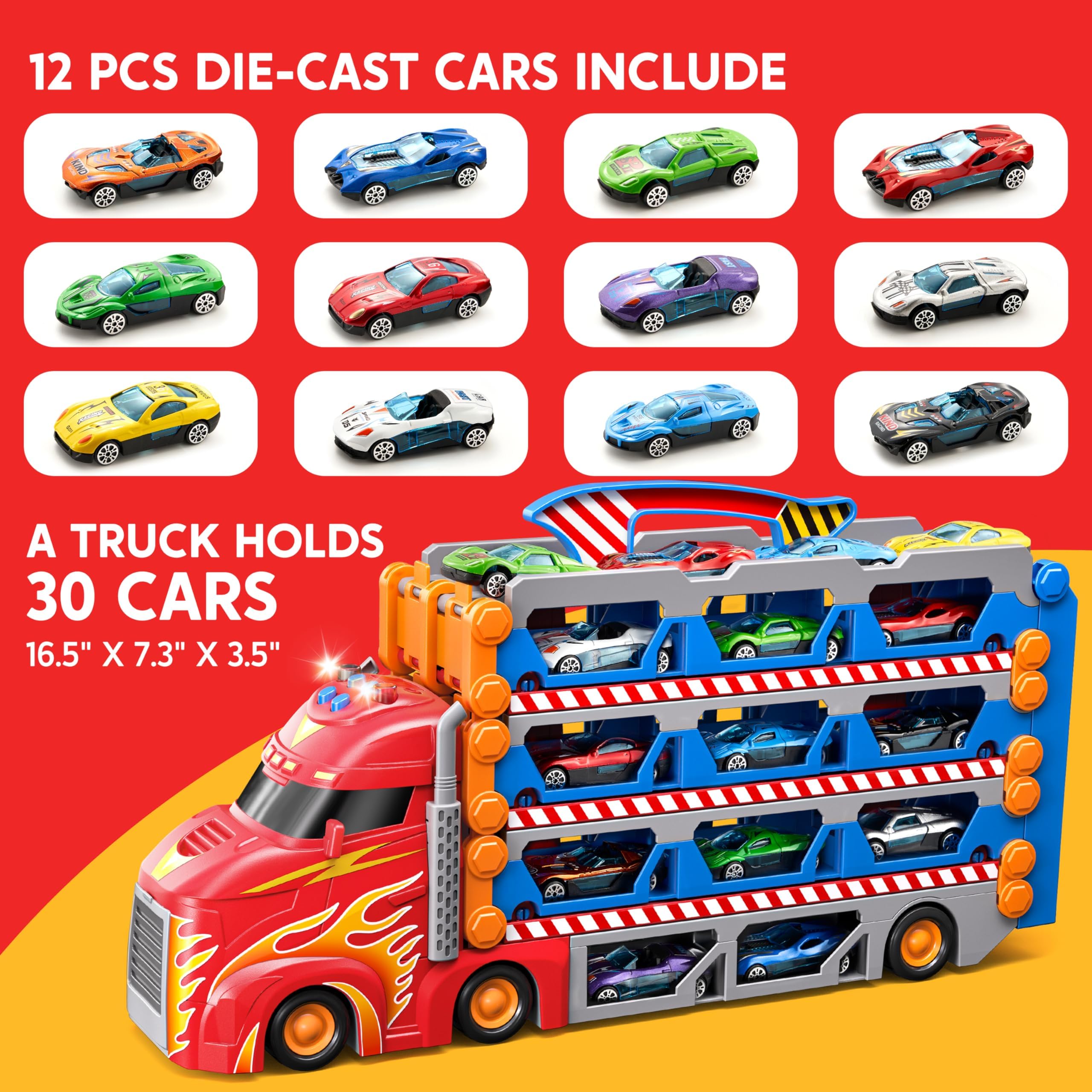 SYNCFUN Transport Race Truck Toy Cars, 2,4 m, gigantyczny tor wyścigowy, składana ciężarówka-transporter, 3-poziomowy zestaw z 12 samochodami, światłami i dźwiękami, prezent dla chłopców w wieku 3, 4