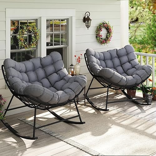 Kromax Oversized Outdoor Papasan Rocking Chair Set of 2, Wicker Egg Chair Rocker for Outside, Comfy Patio Rocker, Large Indoor Rocking Recliner, Modern Egg Style, Grey