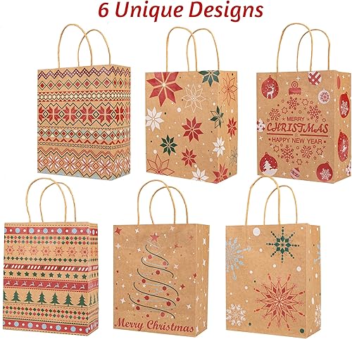 Miniatura 5 de 24 bolsas de regalo de papel kraft de Navidad de 7 x 8.6 x 3 pulgadas con 24 papeles de seda para intercambio de Navidad, bolsas de papel para
