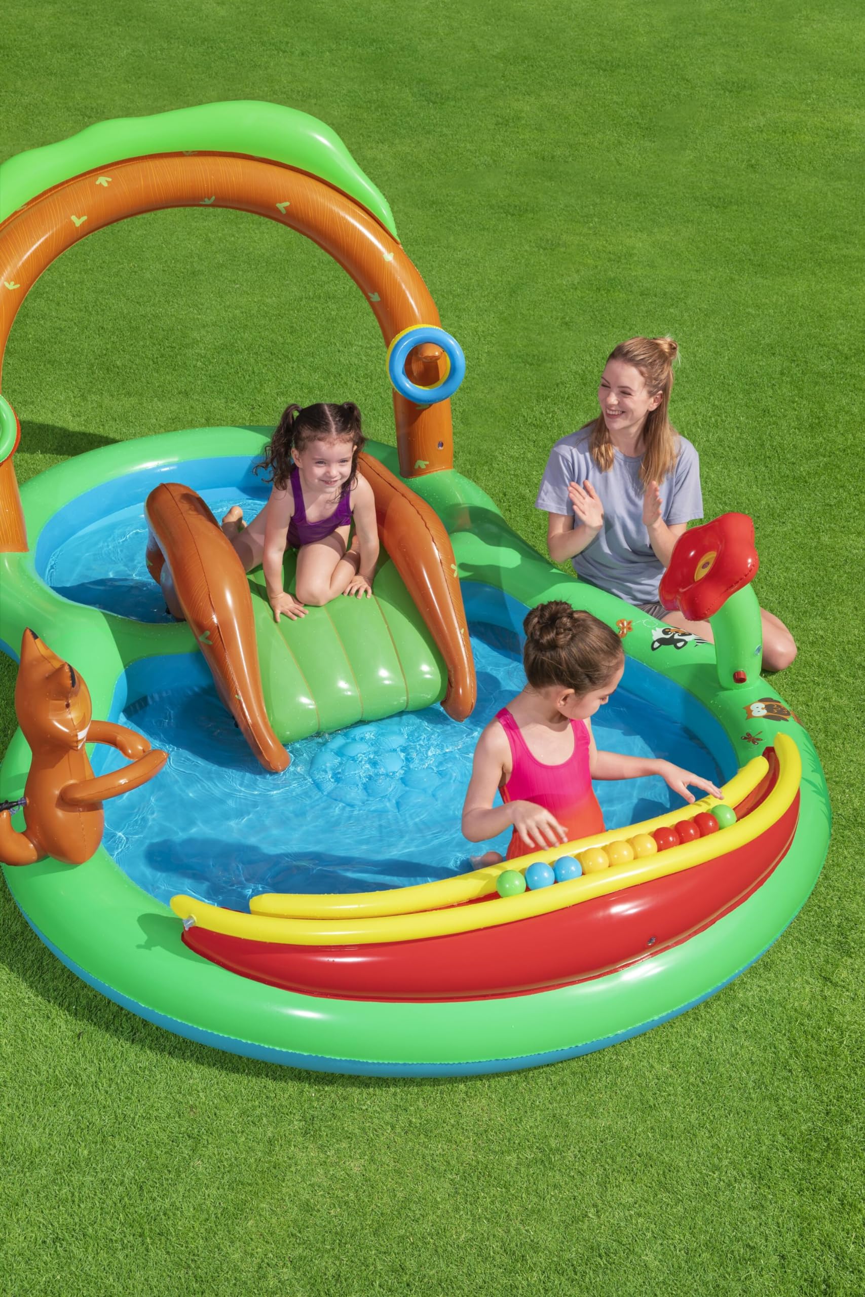 Bestway 53093 Friendly Woods Center 2.95 1.99 m x 1.30 m Forest Animals Water Play Centre with Paddling Pool 295 x 199 x 130 cm, Multi-Coloured, One Size