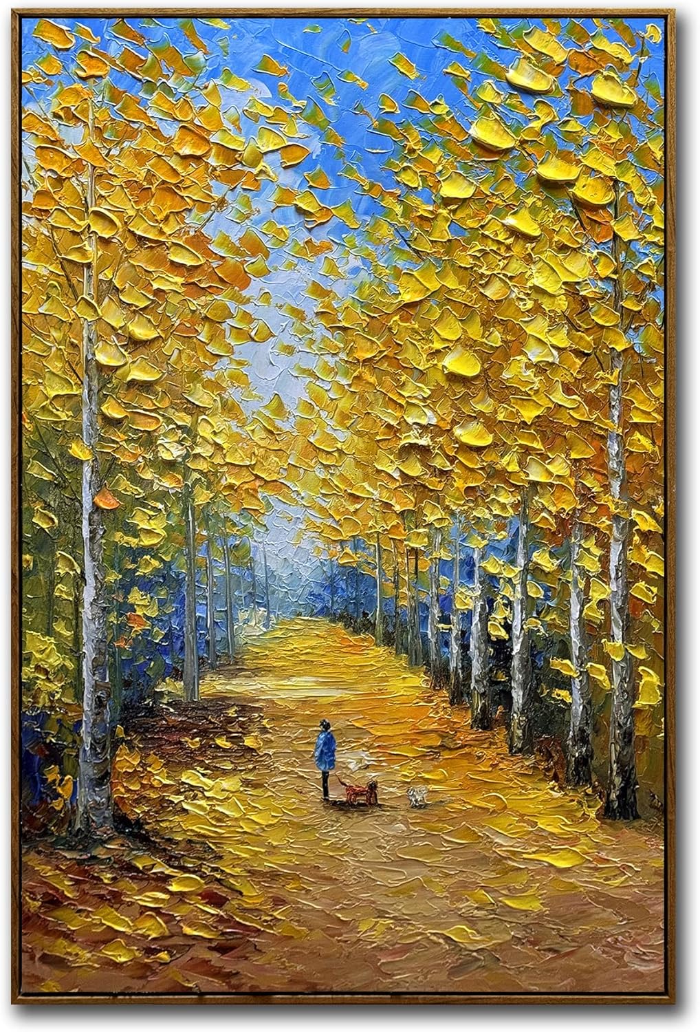 Tiancheng Autumn Forest Path Oil Painting, 24x36 inches, Hand-Painted Canvas Art with Wood Frame, Yellow Landscape Wall Decor