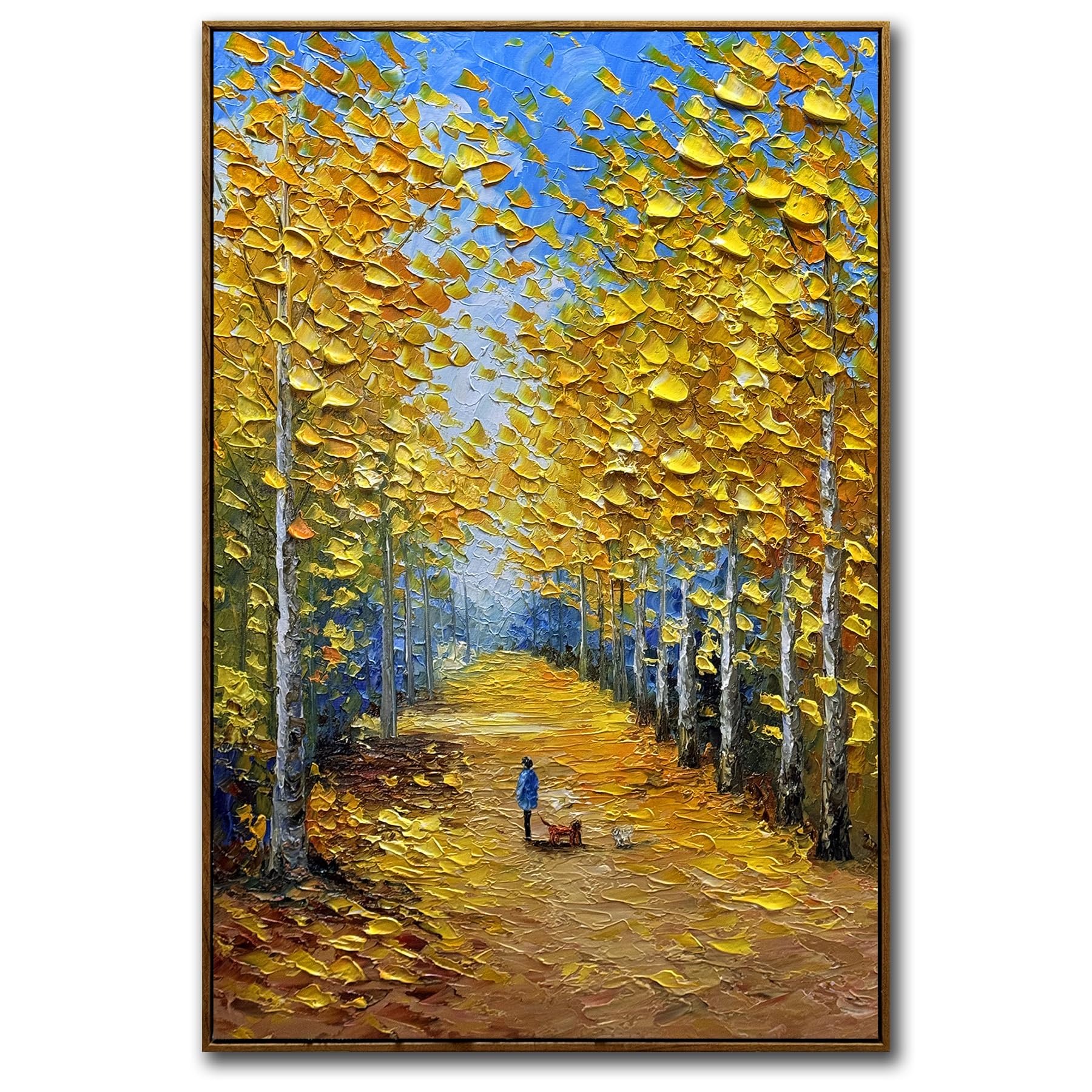 Tiancheng Autumn Forest Path Oil Painting, 24x36 inches, Hand-Painted Canvas Art with Wood Frame, Yellow Landscape Wall Decor