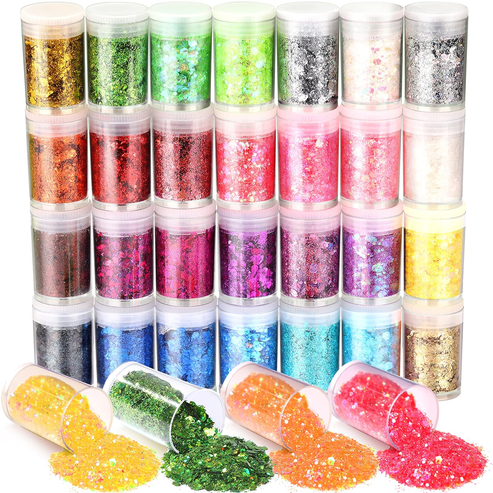Excefore 32 Pots Chunky Holographic Glitter, Reflective Body Glitter for Eyes Face Cheek Hair Nails Lips, Festival Cosmetic Glitter Sparkle for Resin Wax Melts Crafts Decoration in Party
