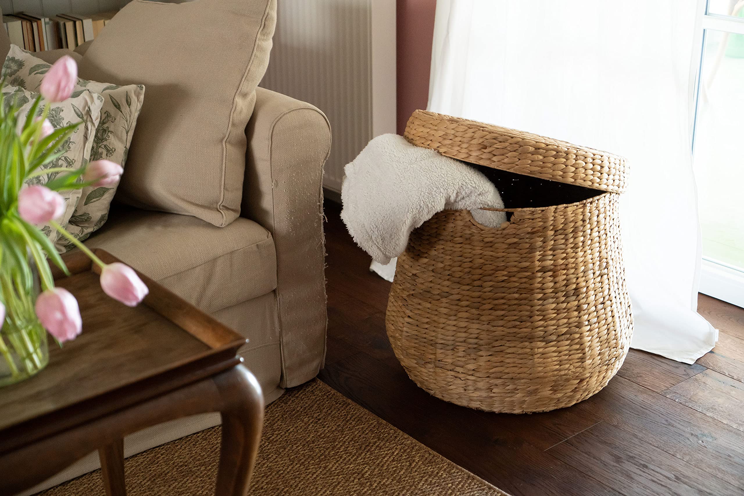 Decorasian Panier à linge tressé avec couvercle – Grand et rond – Grand panier en jacinthe d'eau avec anse – Panier à linge en rotin avec poignée – Rangement – 58 cm DA-B0050 Naturel