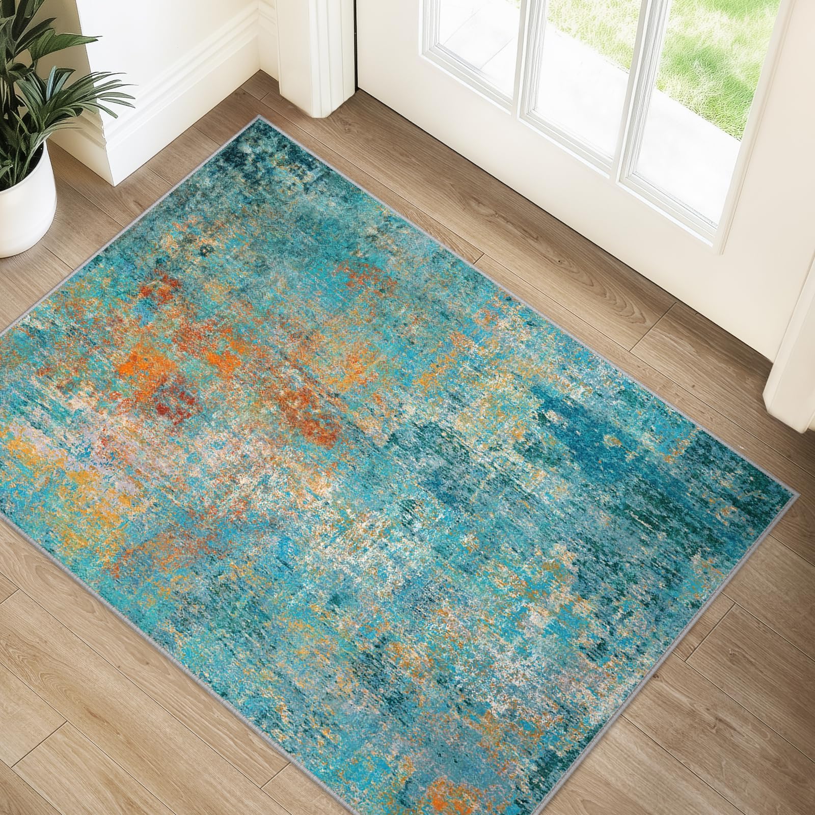 RELEANY Washable Area Rugs 2'x3' Non-Slip Modern Abstract Soft for Living Room Entryway Bedroom, Print Pattern, Teal Blue Green Orange Rust Red Coloreful